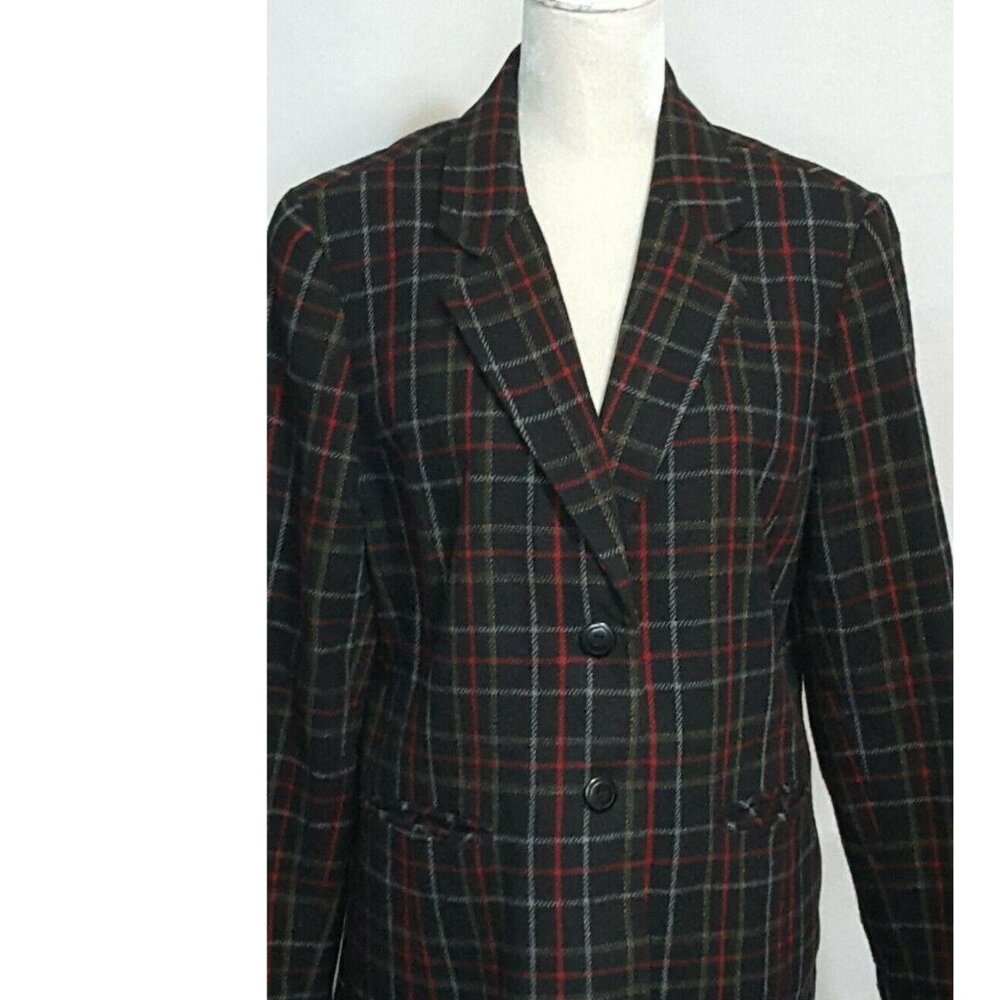 Vintage Women's Blazer Size 14 Wool Blend Black Red Plaid Pockets Two Button